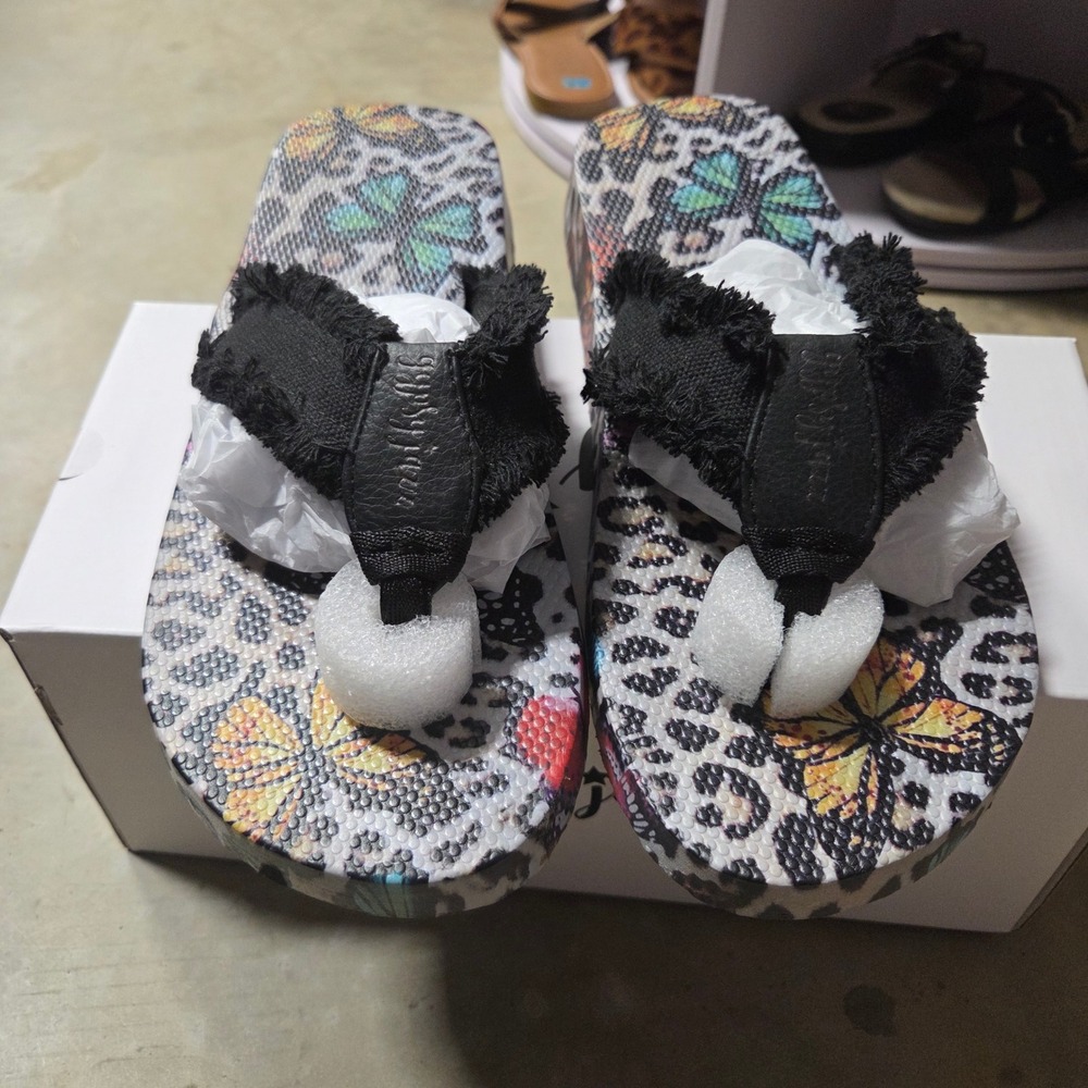 Gypsy Jazz Tallulah 2 Black Leopard Butterfly Platform Flip Flop Sandals 8.5